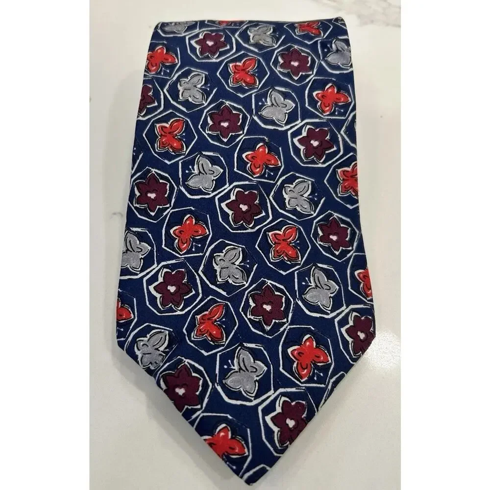 FENDI Italian Men’s Tie 3.5” Silk Navy Floral Geometric Hand Sewn Designer